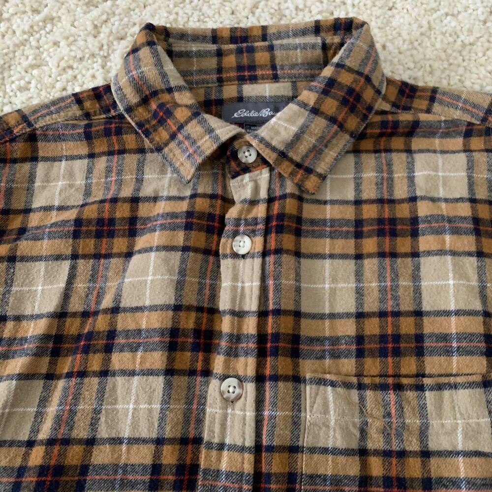 Eddie Bauer Flannel Shirt Mens Small Gold Plaid Button Up 100% Cotton